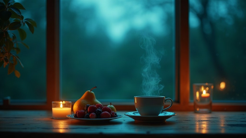 Hypnosis for emotional eating — a calm cup of tea and fruit by a window