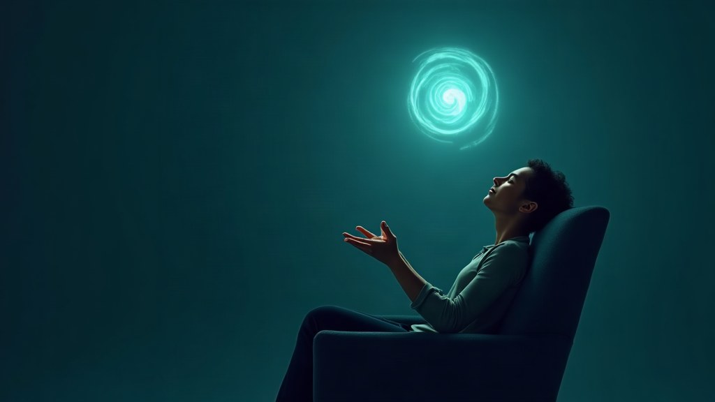 Self-hypnosis for weight loss — person in an armchair with a glowing teal spiral